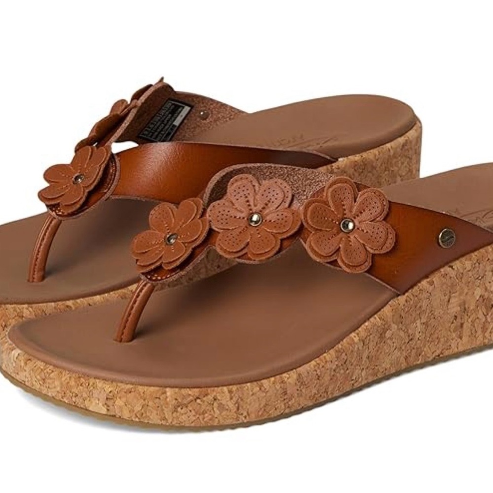 Skechers Tan Floral Cork Wedge Thong Sandals